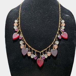 Vintage Pididdly Links Goldtone Czech frosted glass heart charm necklace 24"